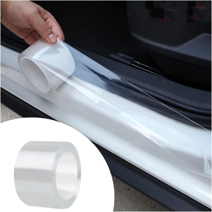 Folie protectoare prag auto universal, transparent, 5D fibra carbon, rezistenta la uzura si zgarieturi