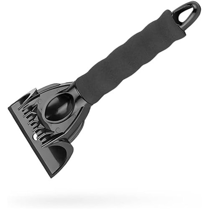 Racleta pentru parbriz si dezghetare, din plastic abs rezistent la frig, cap zimtat pentru spargere gheata, maner din spuma eva confortabil, negru, 1 buc, 25x9.5 cm