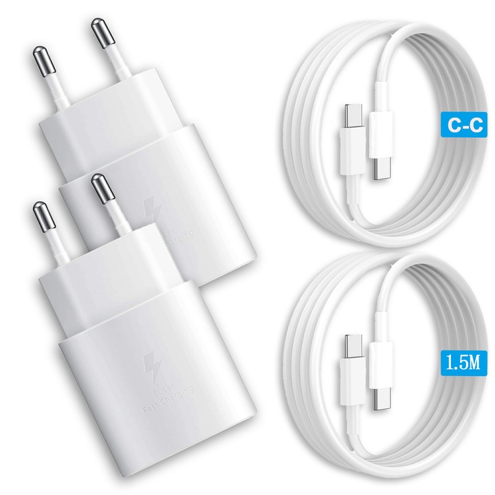 Set de 2 incarcatoare USB C AC de 25 W, incarcare rapida, compatibile cu Samsung Galaxy S25, S24, S23, S22, S21, S20, FE, Ultra, A15, A54 5G, A55, A56, A34, A35, Note 20, 10, 9, cu 2 cabluri de date de 1,5 m, adaptor de alimentare ultra-rapid