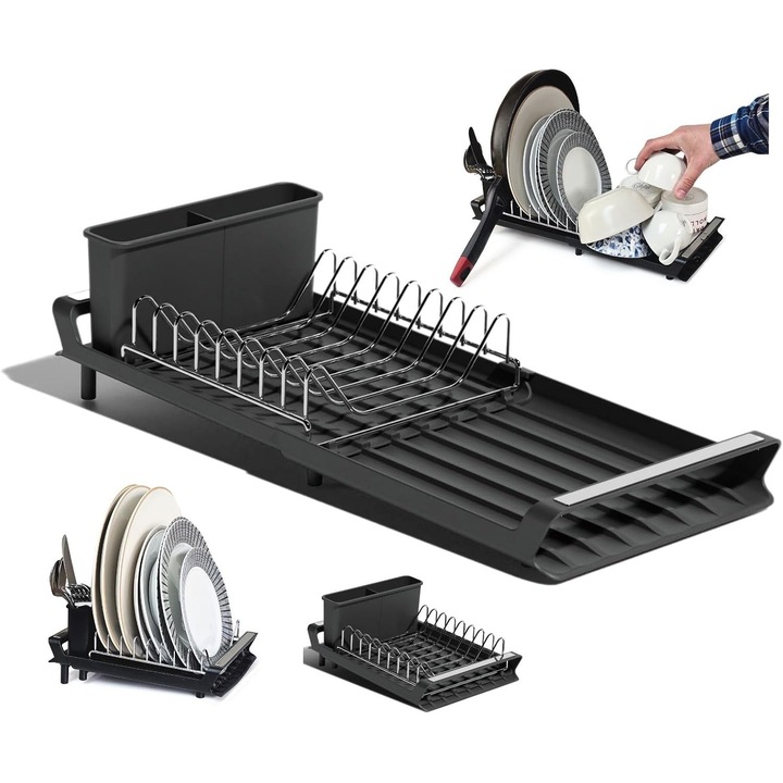 VENITIVO VINDEM CELOR INTELIGENTI® Разтегателен сушилник за съдове, пластмаса и метал, черен, с поставка за прибори и наклон за оттичане, 19x28-47x12 см