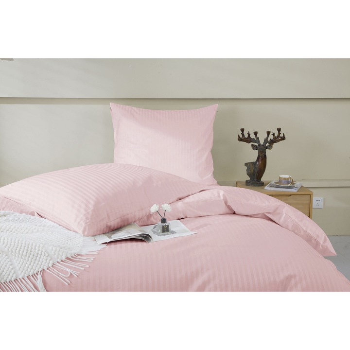 Poszewka de perna adamaszkowa din satin bumbac 40x60 cm, pudrowa, 100% bumbac, design cu dungi