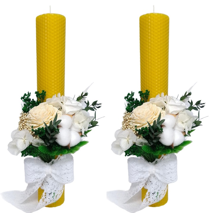 Комплект от 2 сватбени свещи, изработени от естествен восък, декорирани с криогенна роза, хортензия и естествени криогенни/сушени цветя, височина 35/ширина 5 см