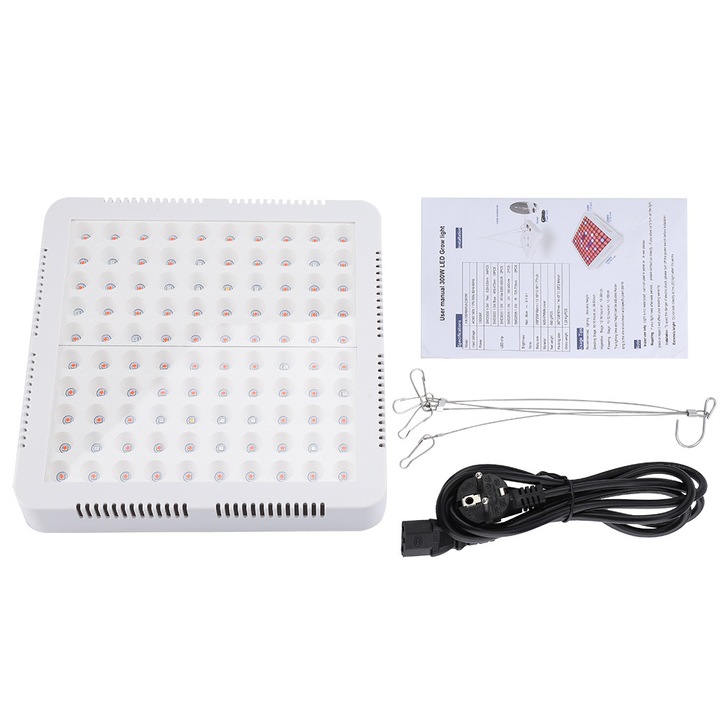 Lampa LED grow ZYBLSSBB LSM2xh369-BCS0033784, full spectrum 300W, 100 LED (rosu/azuriu/alb/UV/IR), mufa EU 220V, alb, 25.8 x 25.8 x 4.5 cm