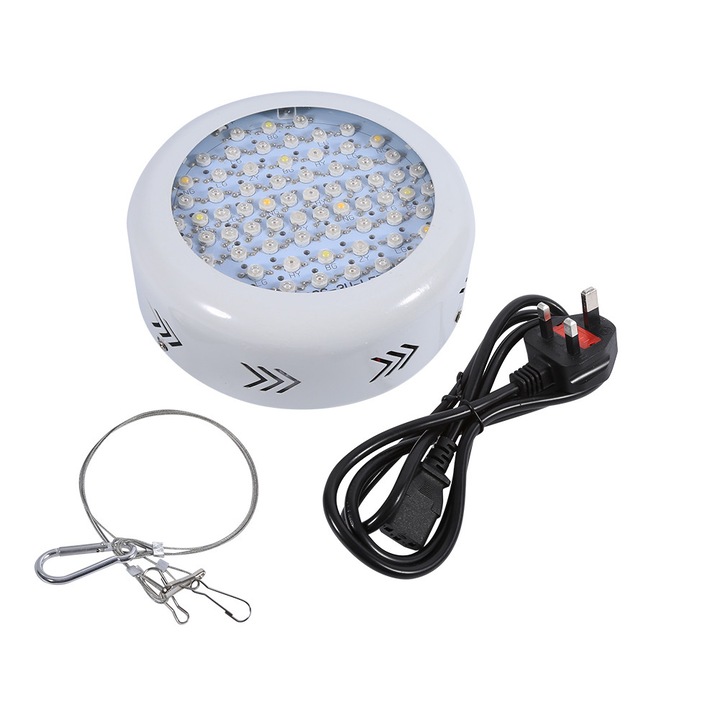 Lampa LED pentru cultivare ZYBLSSBB LSM2xh535-BCS0034143 UFO, spectru complet 216W (consum real ~65W), 72 LED, UV/IR, cablu cu priza UK, alb, 17.8×6.5 cm