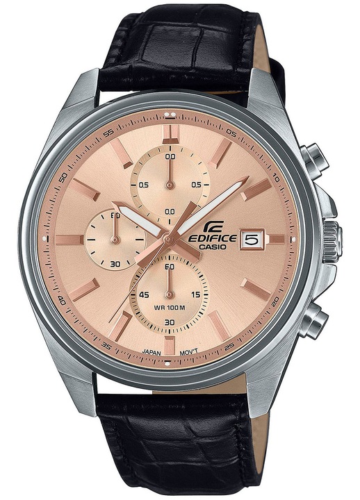 Мъжки часовник Casio Edifice EFV-610EL-5AUEF, кварцов, черен, 44мм, водоустойчив на 100м, каишка от естествена кожа, циферблат розово злато