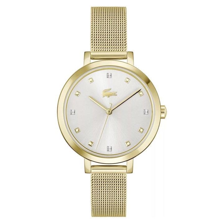 Ceas dama Lacoste 2001401, bratara galbena, carcasa din otel inoxidabil, 34x8mm, cadran argintiu, rezistent la apa 50m
