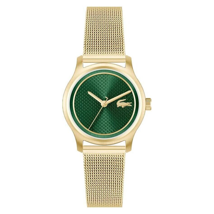 Ceas dama Lacoste 2001389 Elyse, bransoleta galbena, cadran verde, 30x8mm, rezistent la apa 50m
