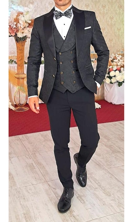 Costum barbat, ceremonie, brodat, tr., Negru imprimeu floral