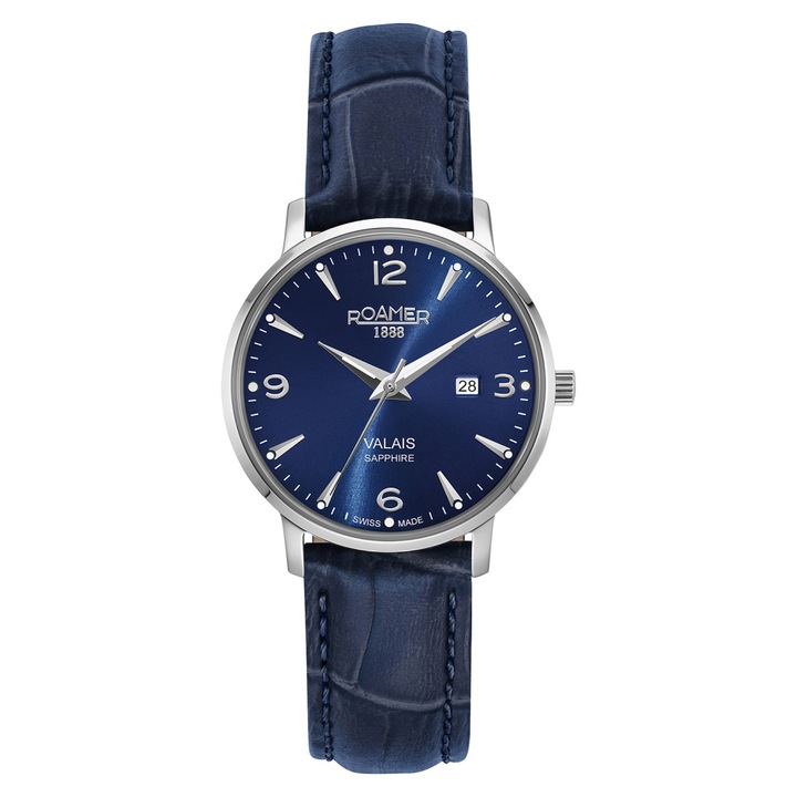 Ceas dama Roamer 958844 41 44 05, cadran albastru, curea din piele, carcasa otel 32x8mm, rezistent la apa 50m