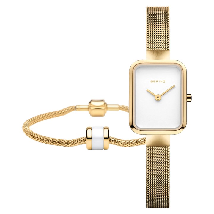 Ceas dama Bering 14520-334-GWP, alb-galben, dreptunghiular, 20x6mm