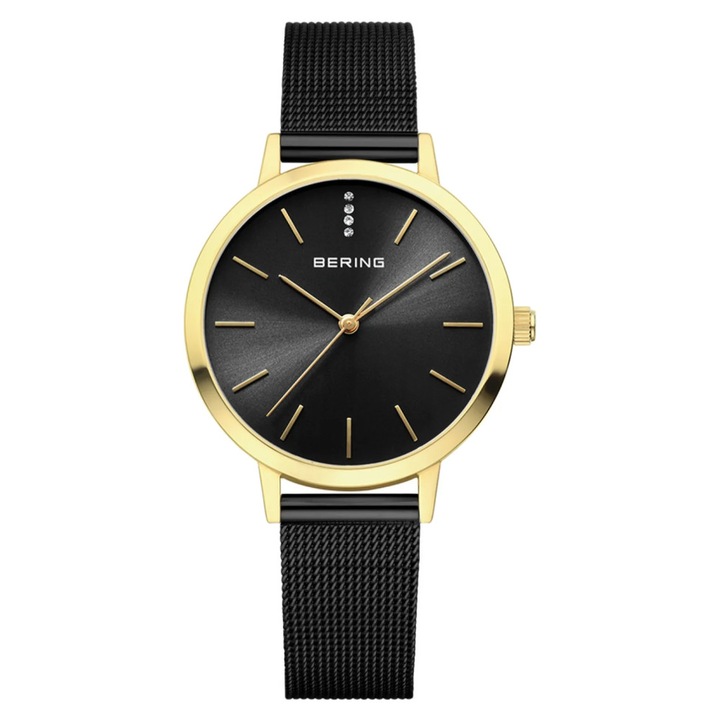 Ceas dama Bering 13434-132, bratara neagra, carcasa rotunda 34x7mm, aurie, rezistent la apa 30m