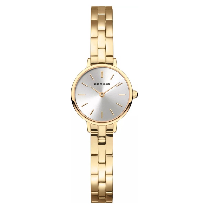 Ceas dama Bering 11022-730, otel, galben, 22x6mm, cadran argintiu, bratara, sticla safir