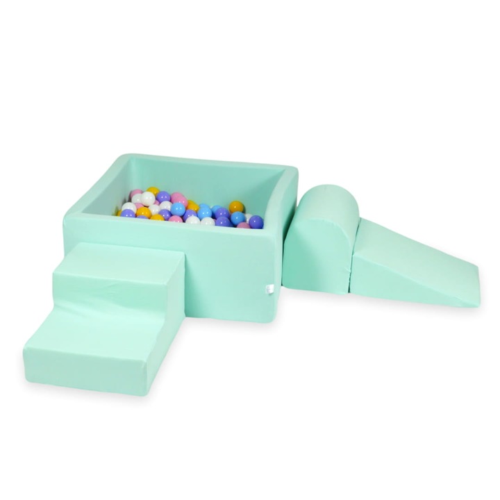 Habszivacs játszótér négyzet alakú medencével 90x90x40 menta színű, 400 labdával, színek: világoskék, sárga, lila, púderrózsaszín, fehér