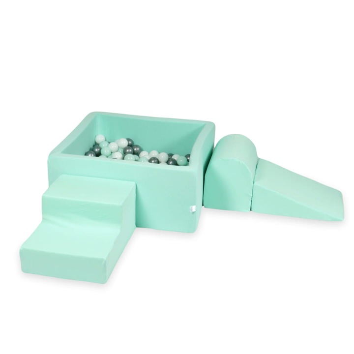 Habszivacs játszótér négyzet alakú medencével 90x90x40 cm, 400 labda, világos menta, fehér, ezüst