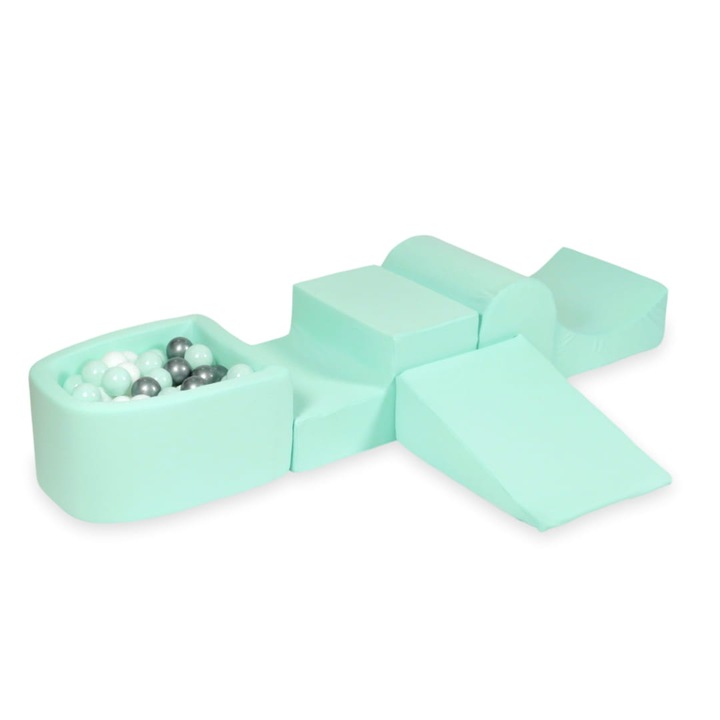 Habszivacs játszótér szett csúszdával és mikro medencével, 100 labda, nyitott menta, fehér, ezüst, méretek: 45x60x30cm, 45x50x30cm, 45x60x20cm, 45x30x35cm, 45x60x30cm