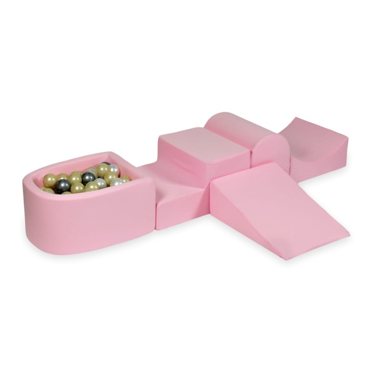 Piankowy játszótér szett, 100 labda, púderrózsaszín, méretek 45x60x30cm, 45x50x30cm, 45x60x20cm, 45x30x35cm, 45x60x30cm