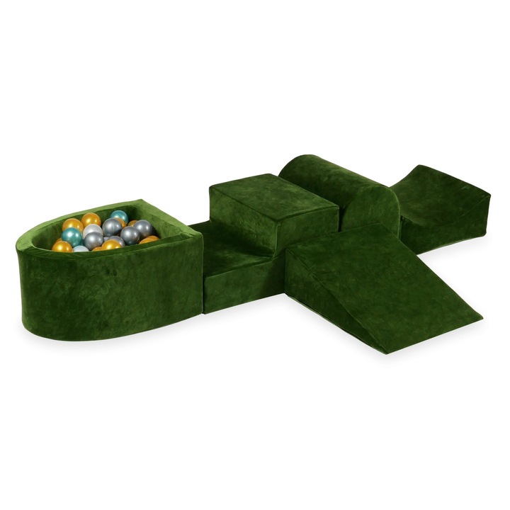 Habszivacs játszótér szett csúszdával és mikro medencével, 100 labda, olívazöld, 45x60x30cm