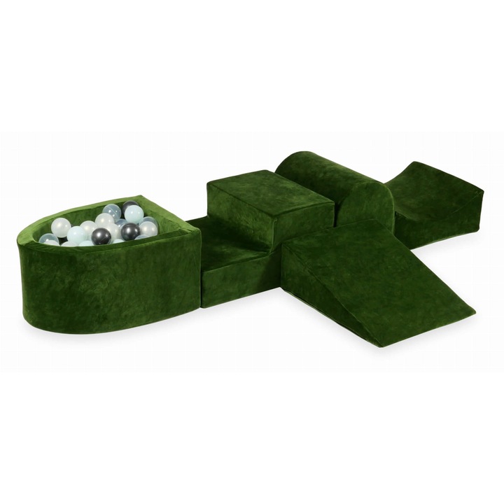Bársonyos, puha habszivacs játszótéri szett csúszdával és mikromedencével, 100 labdával, olívazöld, különböző méretekben