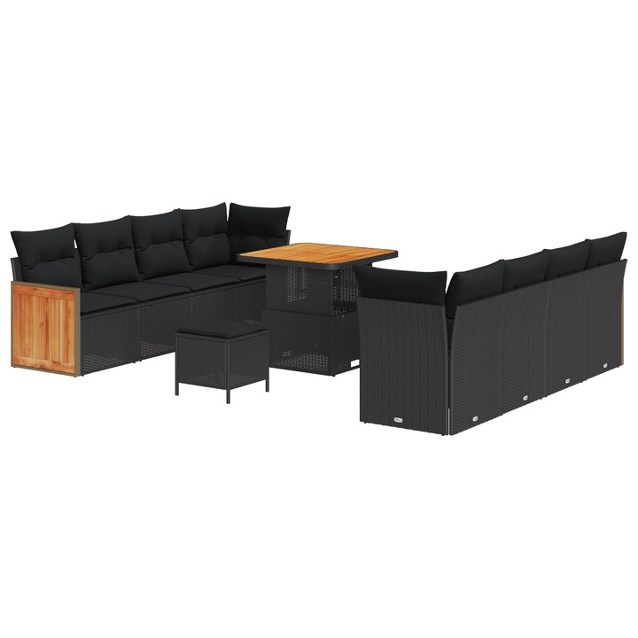 Set mobilier gradina vidaXL 11 piese, ratan sintetic, negru, cu perne