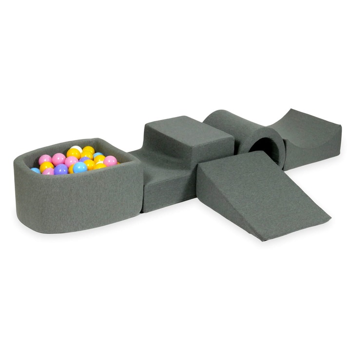 Habszivacs játszótér szett híddal és mikro medencével, 100 labda, szürke, 45x60x30cm