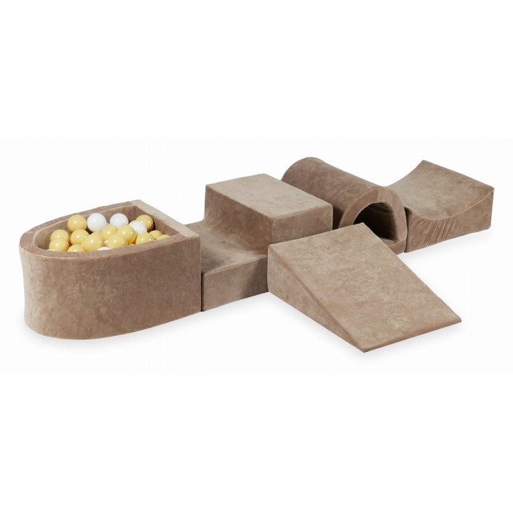 Bársonyos, puha habszivacs játszótér szett híddal és mikro medencével, 100 labdával, bézs, 45x60x30cm