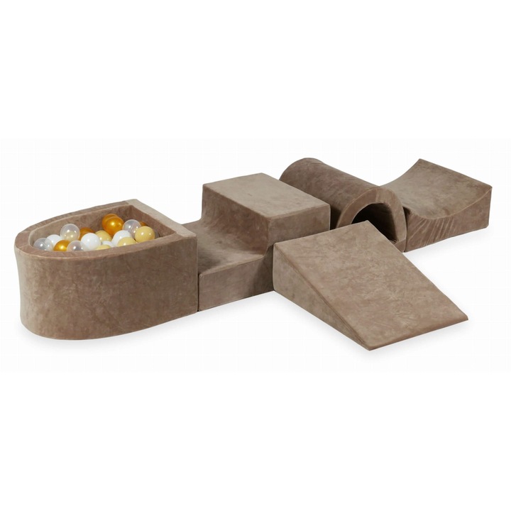 Bársonyos, puha habszivacs játszótér szett híddal és mikro medencével, 100 labdával, sötétbézs, 45x60x30cm