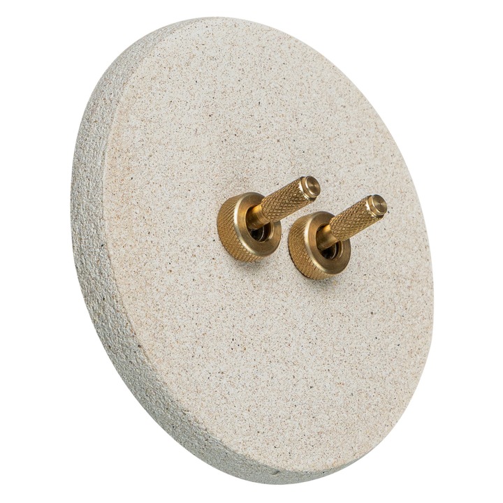 Set:2 intrerupatoare din alama striata aurie, cu rama ornamentala rotunda handmade, din compozit- praf de piatra pigmentat si rasini acrilice, culoare Portland