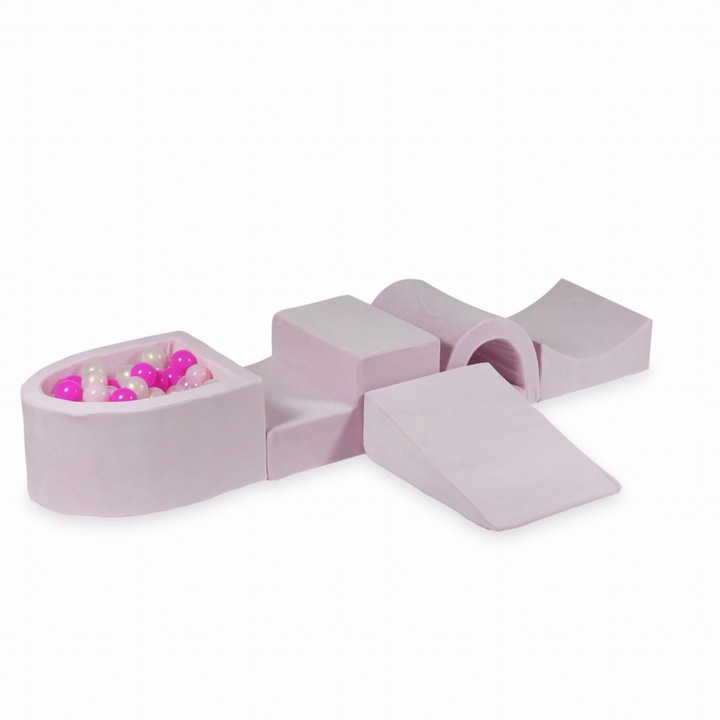 Bársonyos, puha habszivacs játszótéri szett híddal és mikro medencével, világos rózsaszín, 100 színes golyó, különböző méretekben