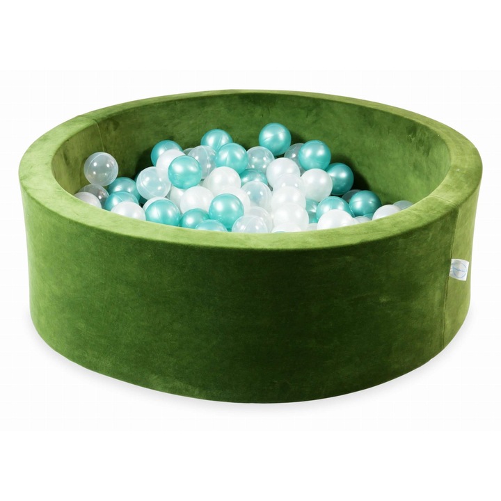 90x30cm-es labdamedence, mimii, Velvet Soft Oliwkowy, 200 átlátszó, gyöngyházfényű, metál türkiz golyó