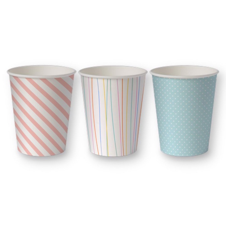 Set 50 pahare de hartie 250ml Aku, 245g/m2, 79mm, multicolor