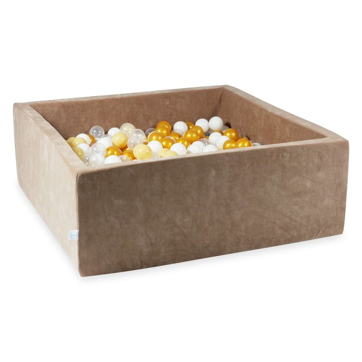 Labdamedence 110x110x40cm, mimii, Velvet Soft Ciemny Bezowy, 600 átlátszó, fehér, bézs, arany golyók