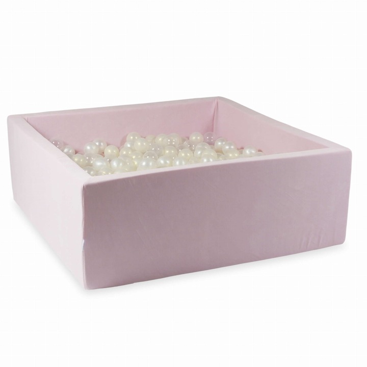 Játékmedence 110x110x40cm Bársony Puha Világos Rózsaszín 600 átlátszó, gyöngyházfényű, opálos labdával