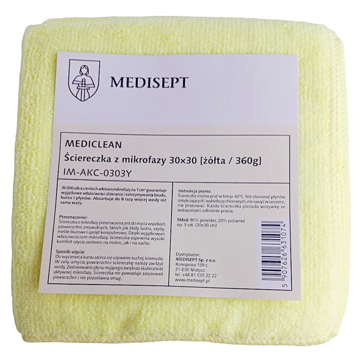 Lavete din microfibra Mediclean 30x30cm, set 5 bucati, galben, 360g/m2