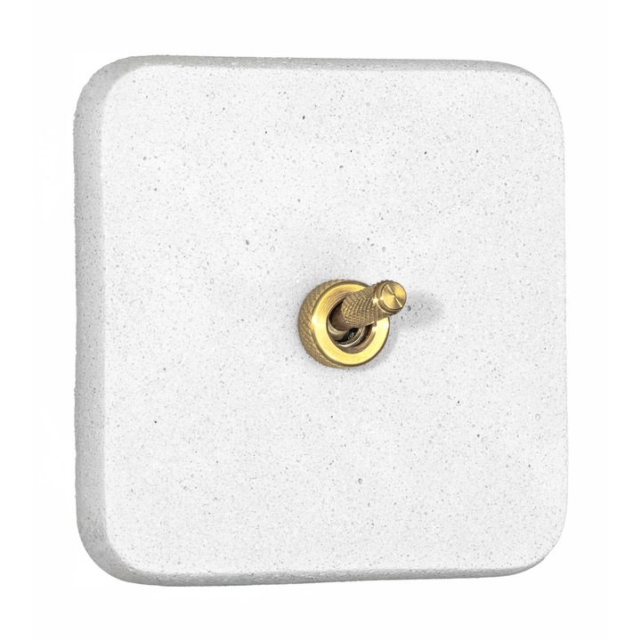 Készlet: aranycsíkos sárgaréz kapcsoló, kézzel készített négyzet alakú díszkerettel, kompozitból - pigmentált kőporból és akrilgyantából, márványfehér színben