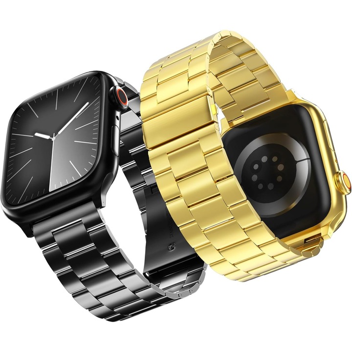 Set curea smartwatch, Compatibil cu Apple Watch, 42-49 mm, negru-auriu, set 2 bucati