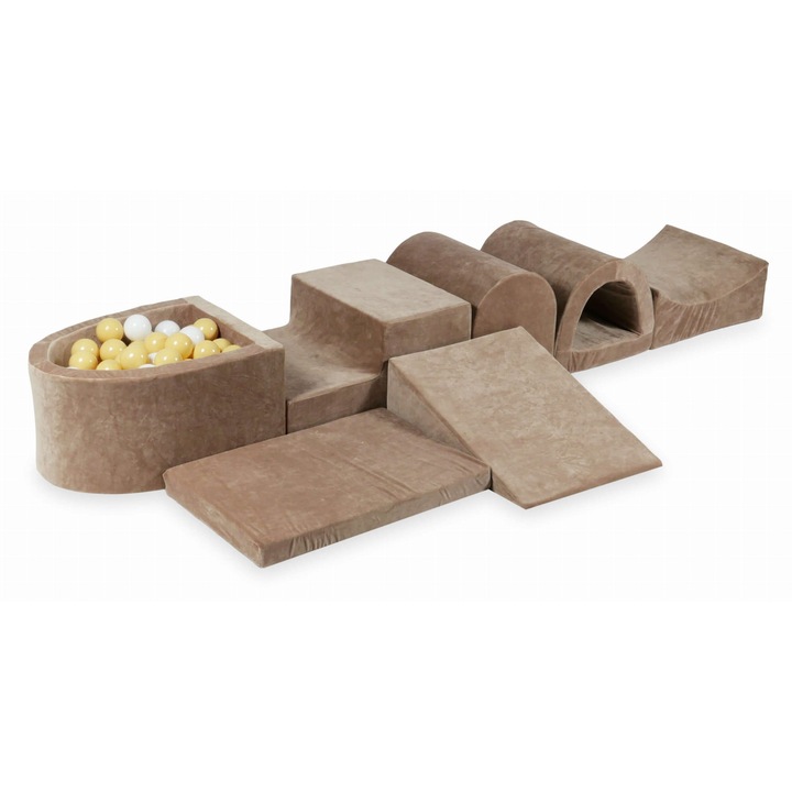 Bársonyos, puha habszivacs játszótér szett mikro medencével, 100 labdával, sötétbézs, különböző méretekben