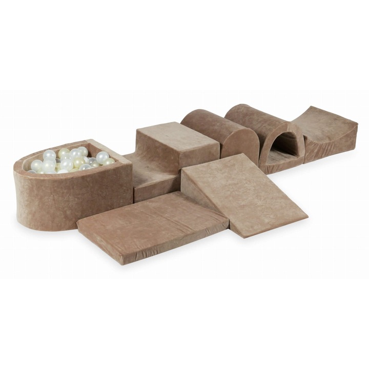 Bársonyos, puha habszivacs játszótér szett mikro medencével, 100 labdával, sötétbézs, különböző méretekben