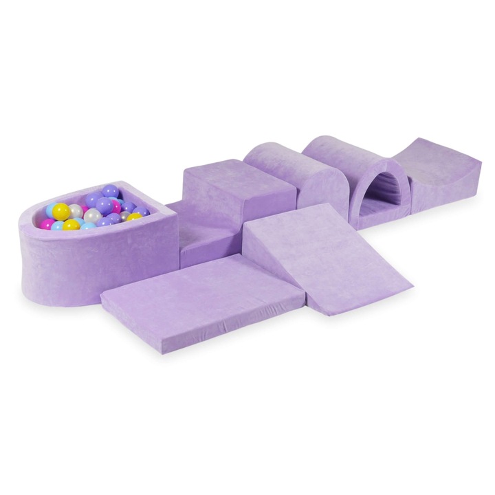 Bársonyos, puha habszivacs játszótér szett mikro medencével, 100 labdával, lila, 45x60x30cm
