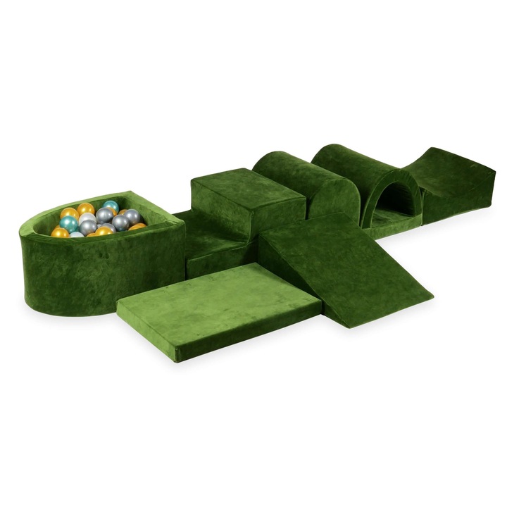 Bársonyos, puha habszivacs játszótéri szett mikro medencével, 100 labdával, olívazöld, különböző méretekben