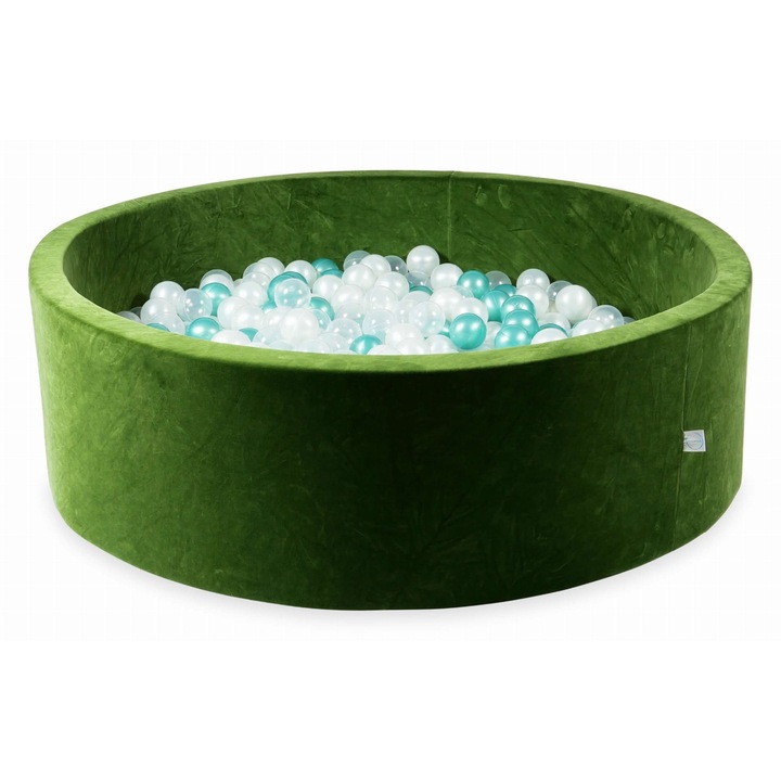 Labdamedence 130x40cm, mimii, Velvet Soft Oliwkowy, 700 átlátszó, gyöngyházfényű, metál türkiz golyó