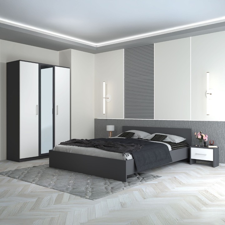 Dormitor CELA Hera Gri Dupal cu Oglindă și Noptiere, 180x200cm/160x200cm/140x200cm, Dimensiuni Sifonier 123.6x187x50cm, Noptieră 48x32x22cm