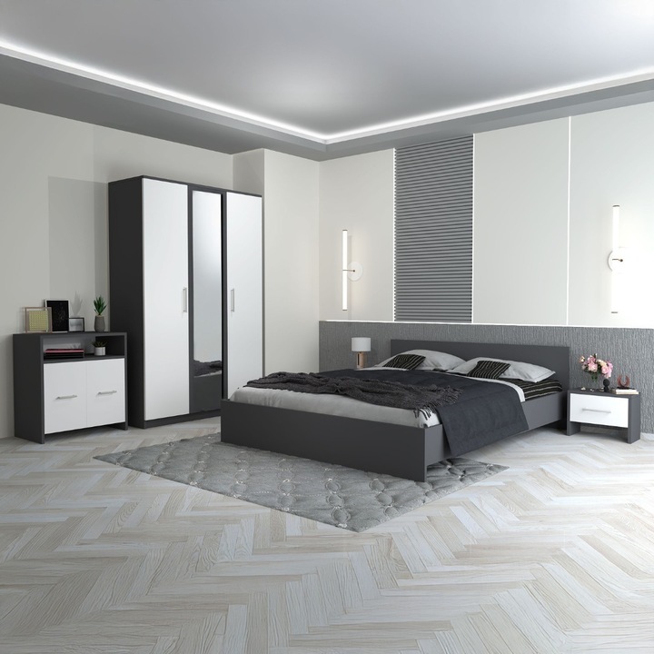 Mobila dormitor, Hera, Gri, Dulap cu Oglinda, Pat, Noptiere si Comoda, Gri, 180x200cm, 160x200cm, 140x200cm