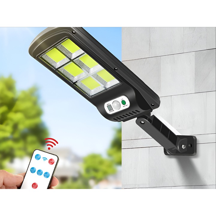 Соларна външна LED лампа 96 COB G-Merc®, 90W, със соларен панел, сензор за светлина и движение, IP67, 3 режима, с дистанционно управление, батерия 15000mAh, черна