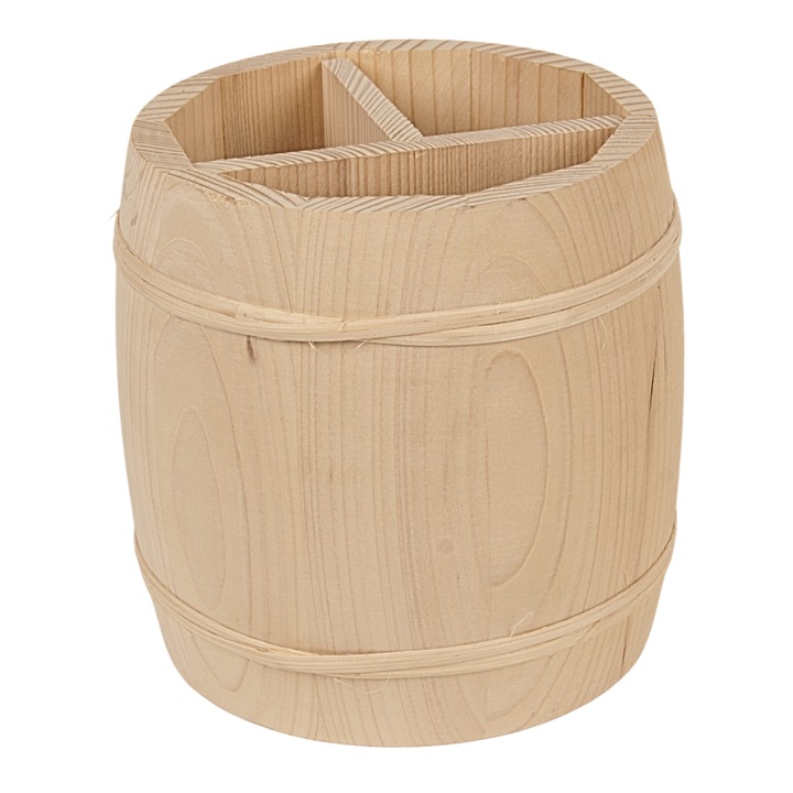 Butoi din lemn pentru tacamuri, cutite, organizator de pixuri, Facut din lemn de brad, Perfect pentru bucatarie, casa, restaurant, Element Decorativ, Practic, Natural, Solid, Woodcarver, 16x 15 cm