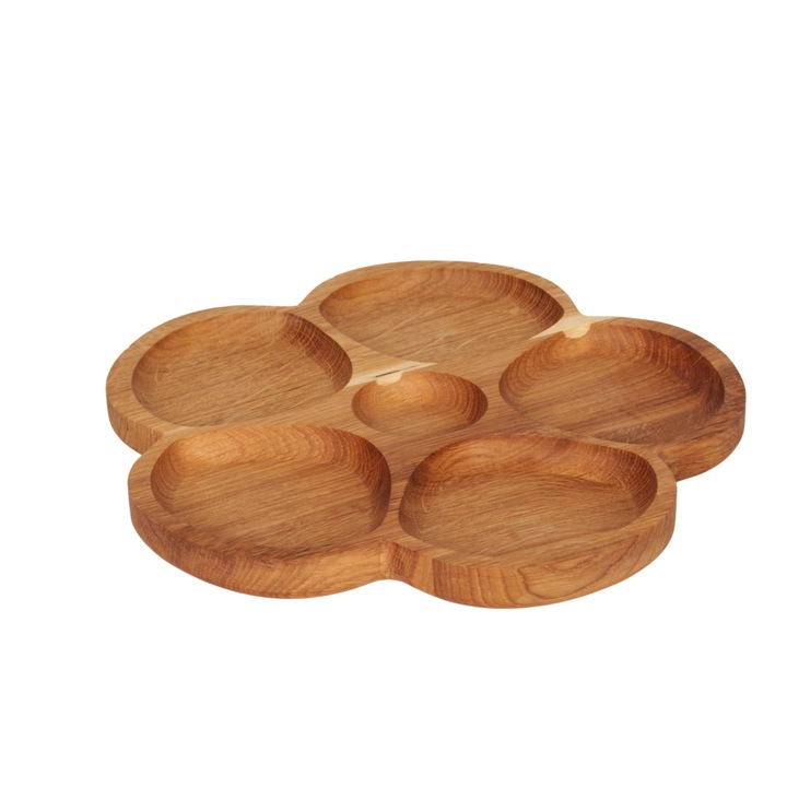 Platou de bucatarie pentru gustari, Tava cu 5 compartimente, Culoare in lemn natural de stejar, Pentru gustari, Ziua Indragostitilor, Petreceri, Practic, Durabil, Spatios, Woodcarver, 30x2,3 cm