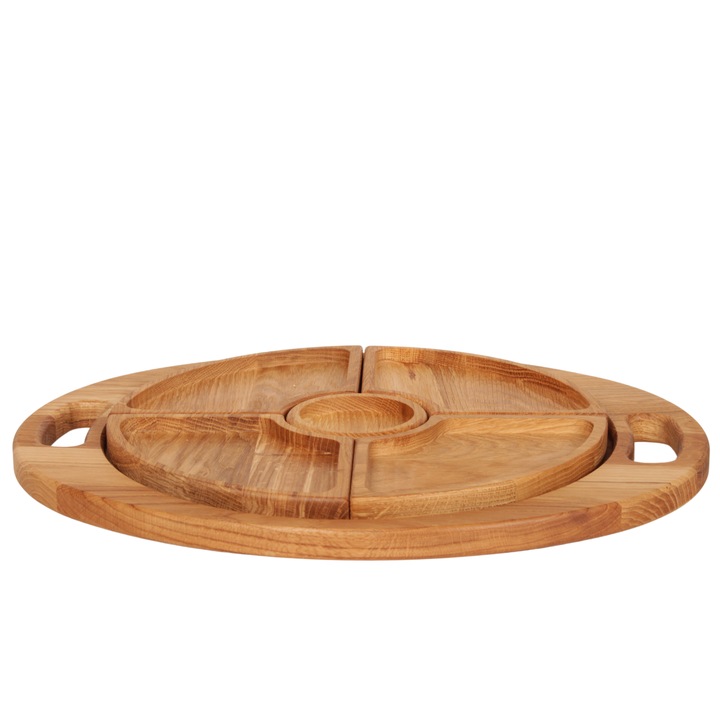 Tava de servire ovala, set 6 elemente, pentru mese, gustari, din stejar, perfect pentru petreceri, zile de nastere, Ziua Indragostitilor, sarbatori, culoare naturala, Woodcarver, 48x39 cm