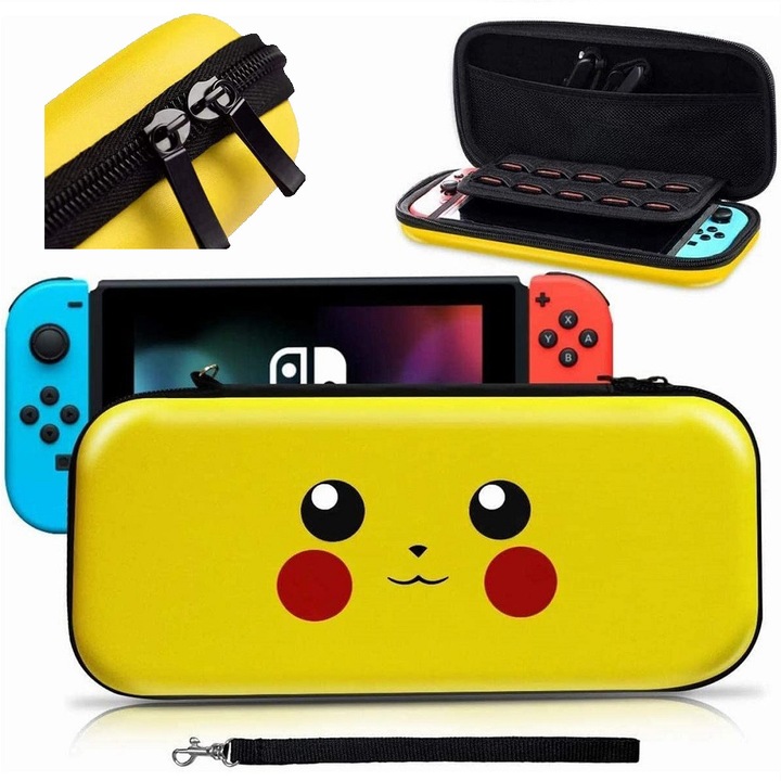 Carcasa, Artnico, Nintendo Switch OLED 7.0, 26x12x3,5 cm, plastic, microfibra, galben (motiv Pikachu), fermoar, maner de transport, spatiu pentru 10 carti de joc, buzunar suplimentar pentru accesorii