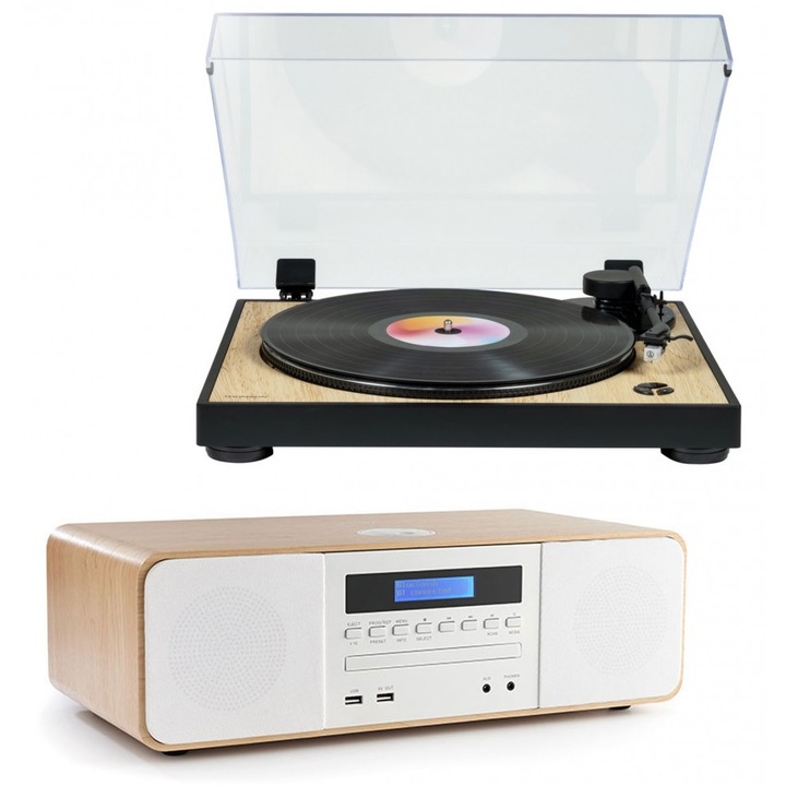 Стерео комплект с грамофон Thomson TT300 и мини грамофон MIC201, 39.5x34.3x10см, дърво и бял цвят