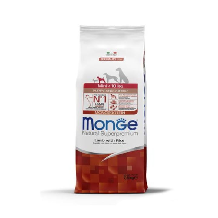 Hrana caini junior Monge Natural Superpremium Mini Puppy monoprotein, miel/orez, 7.5kg