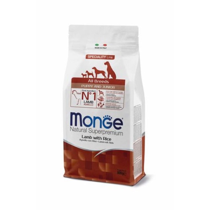 Hrana pentru caini juniori, Monge, Natural Superpremium, miel/orez, 800g